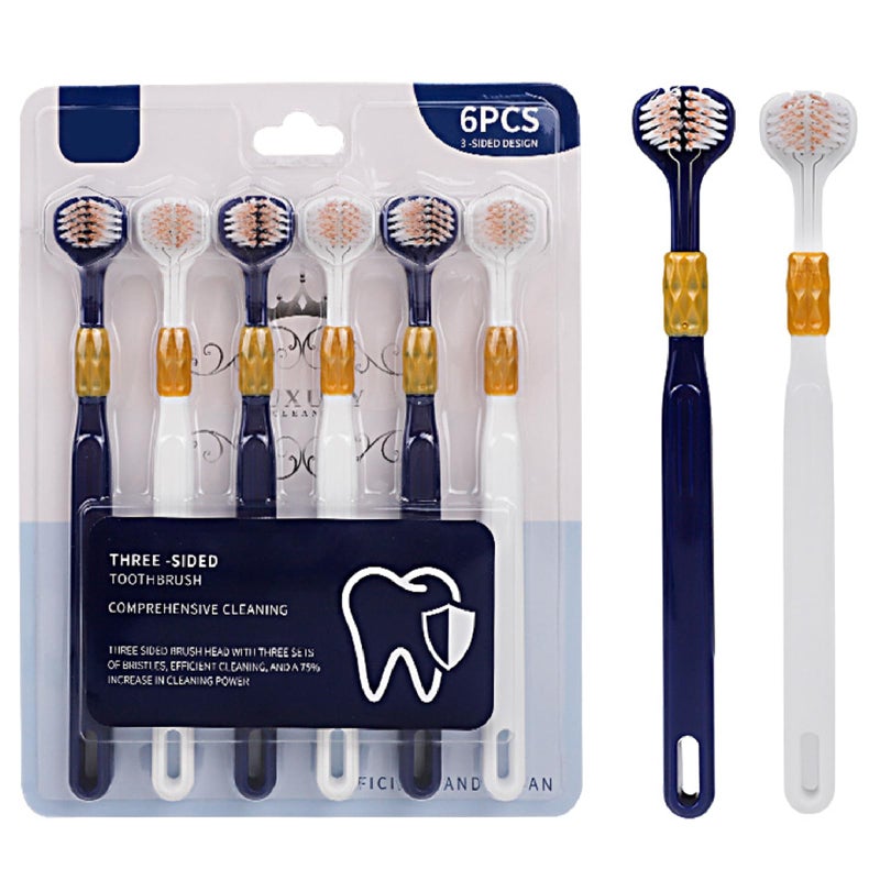 Vonmerie 6 Piece 3-Sided Toothbrush,Adult Toothbrushes,Soft Brushed 3-Sided Cleaning Toothbrush (Dark Blue-White)